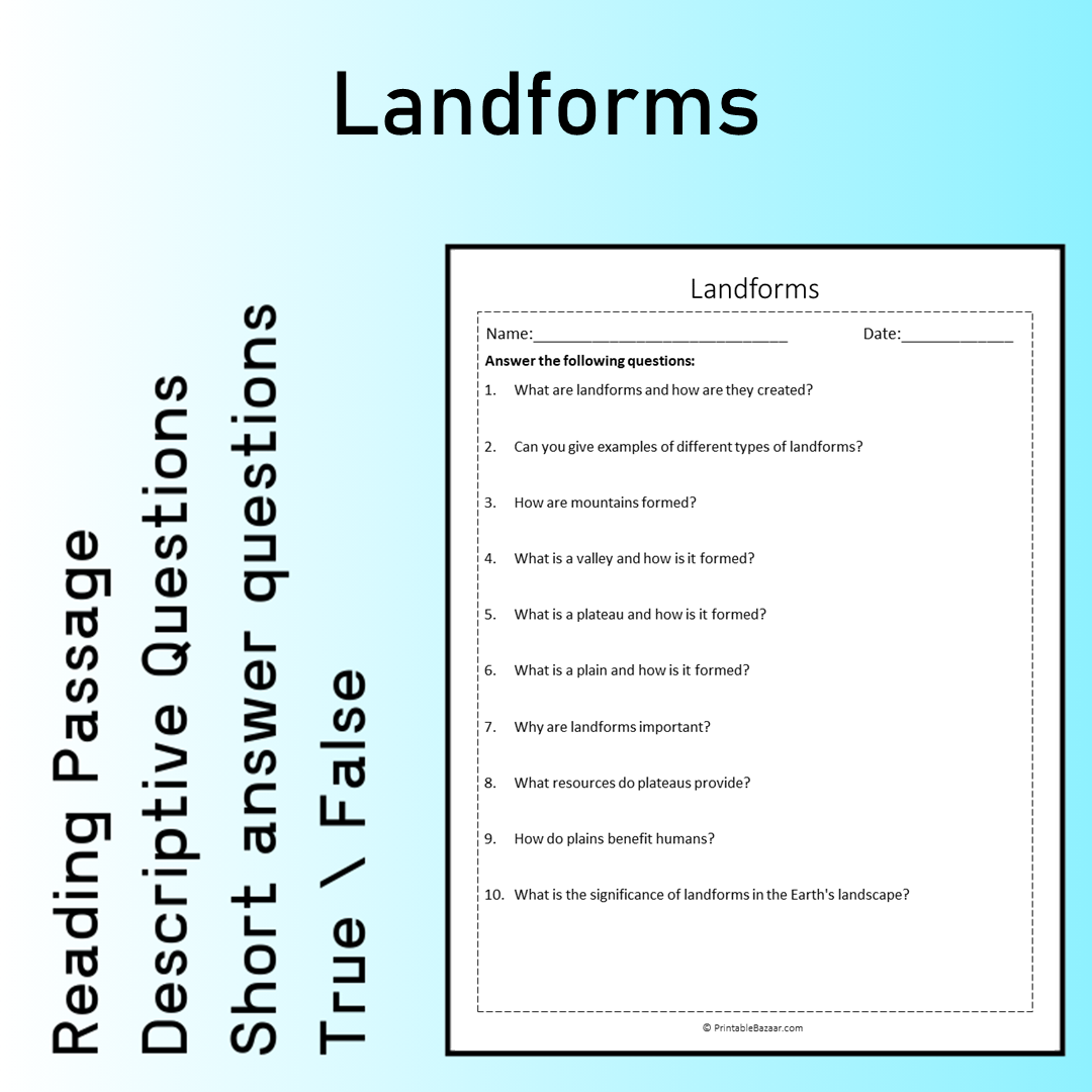 Landforms | Reading Comprehension Passage Printable Worksheet