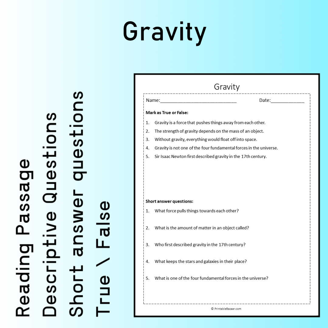 Gravity | Reading Comprehension Passage Printable Worksheet