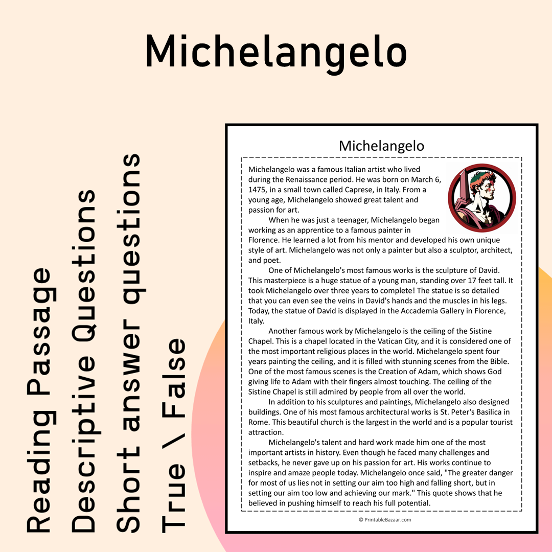 Michelangelo | Reading Comprehension Passage Printable Activity