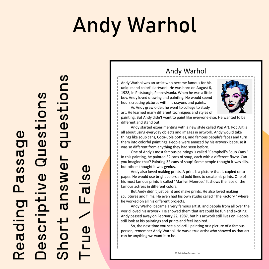 Andy Warhol | Reading Comprehension Passage Printable Activity