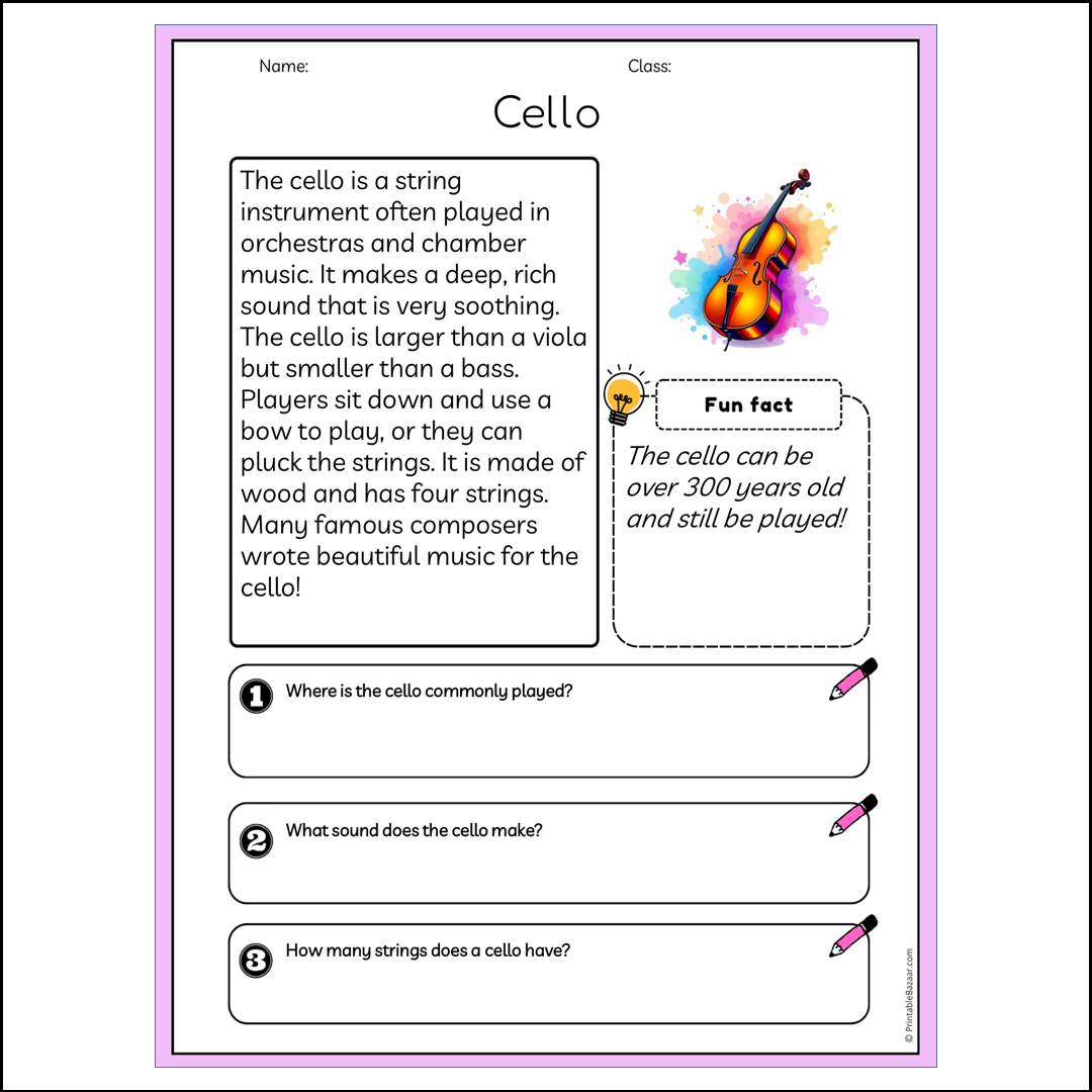Cello | Reading Passage Comprehension Questions Writing Facts Worksheet