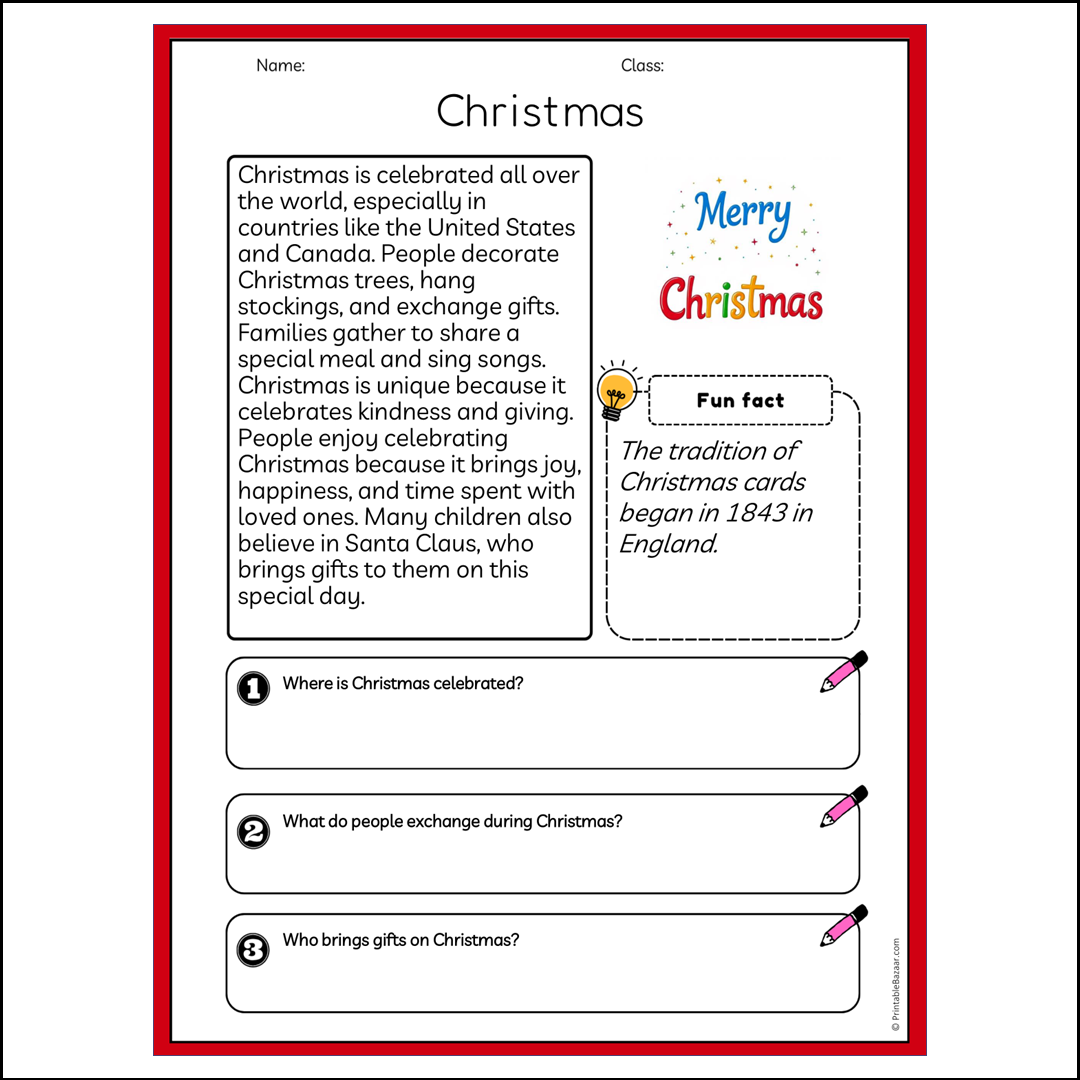 Christmas | Reading Passage Comprehension Questions Writing Facts Worksheet