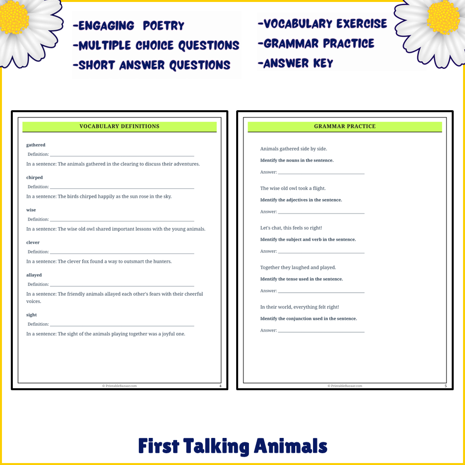 First Talking Animals | Poem Grammar Worksheet Printable Activity