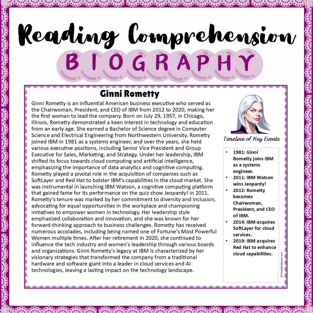 Ginni Rometty | Biography Reading Comprehension and Questions Worksheet