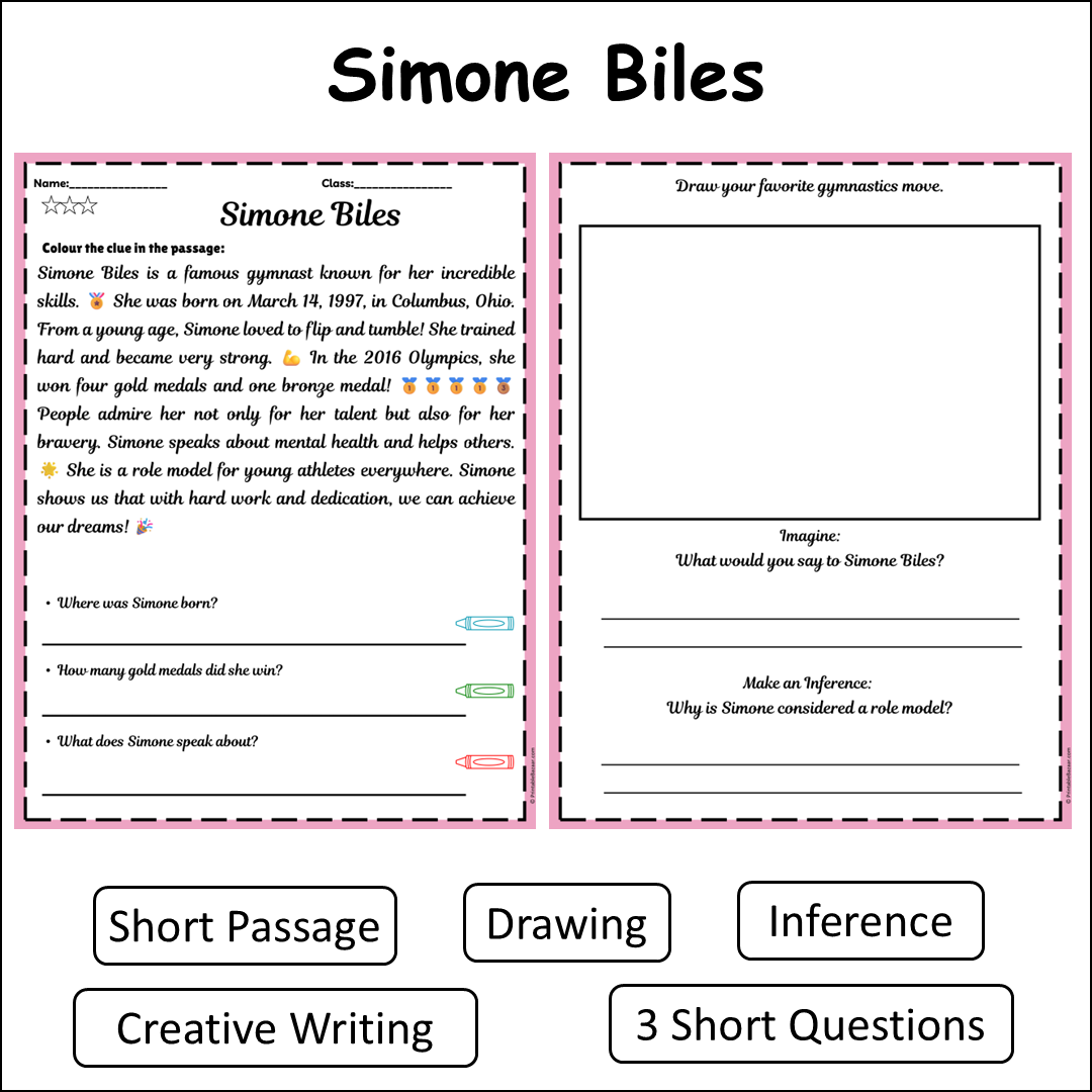 Simone Biles | Short Reading Comprehension Creative Worksheet