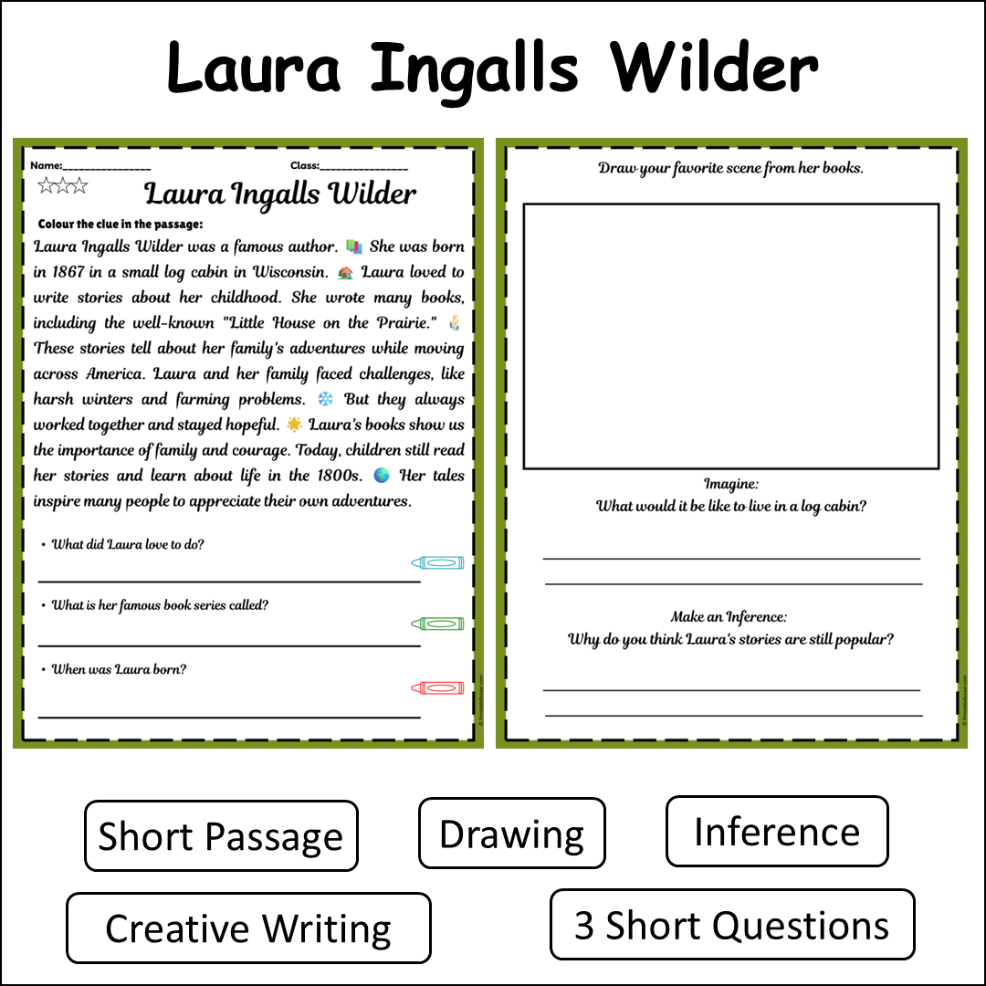 Laura Ingalls Wilder | Short Reading Comprehension Creative Worksheet