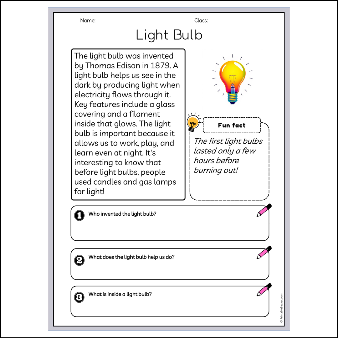 Light Bulb | Reading Passage Comprehension Questions Writing Facts Worksheet