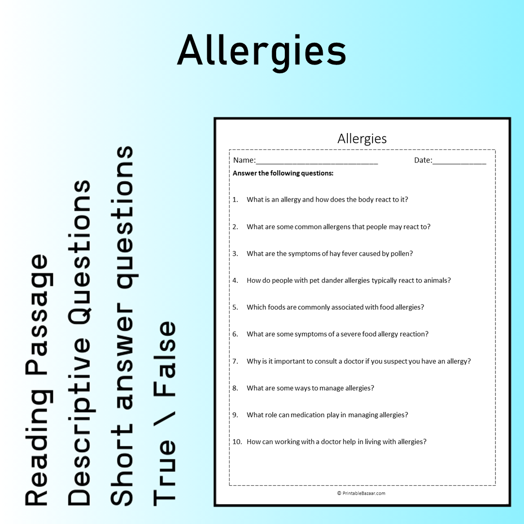 Allergies | Reading Comprehension Passage Printable Worksheet