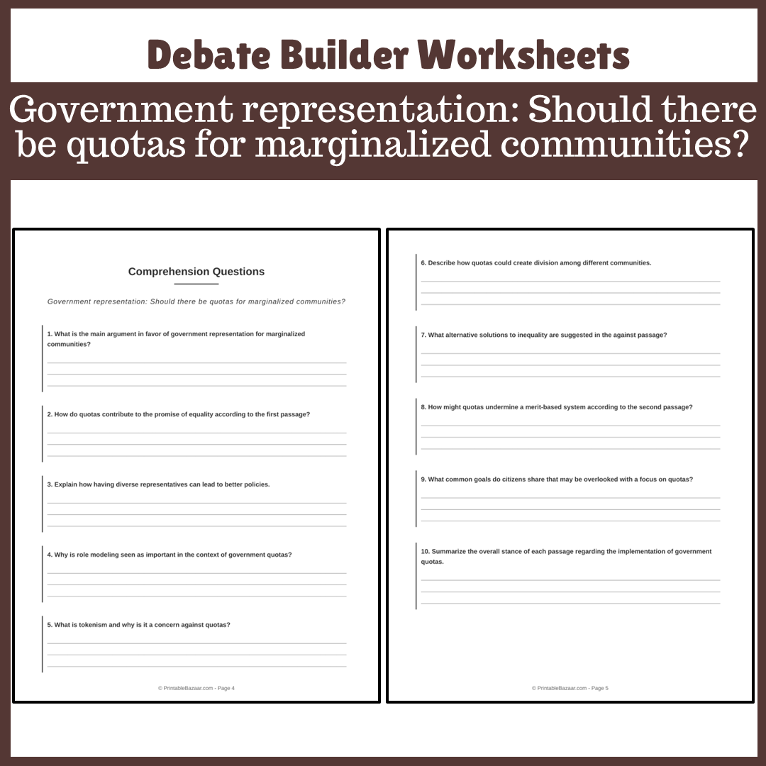Government representation: Should there be quotas for marginalized communities? | Favour and Against Worksheet Printable Activity