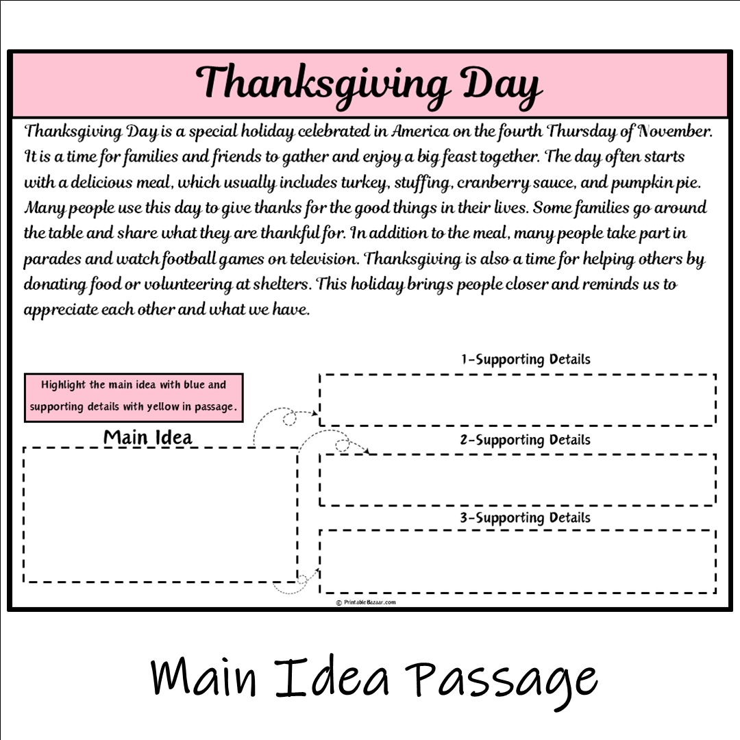 Thanksgiving Day | Main Idea and Supporting Details Reading Passage and Questions