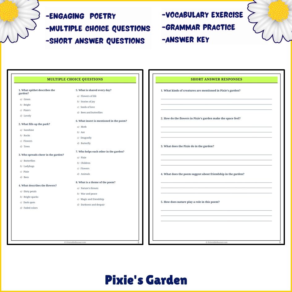 Pixie's Garden | Poem Grammar Worksheet Printable Activity