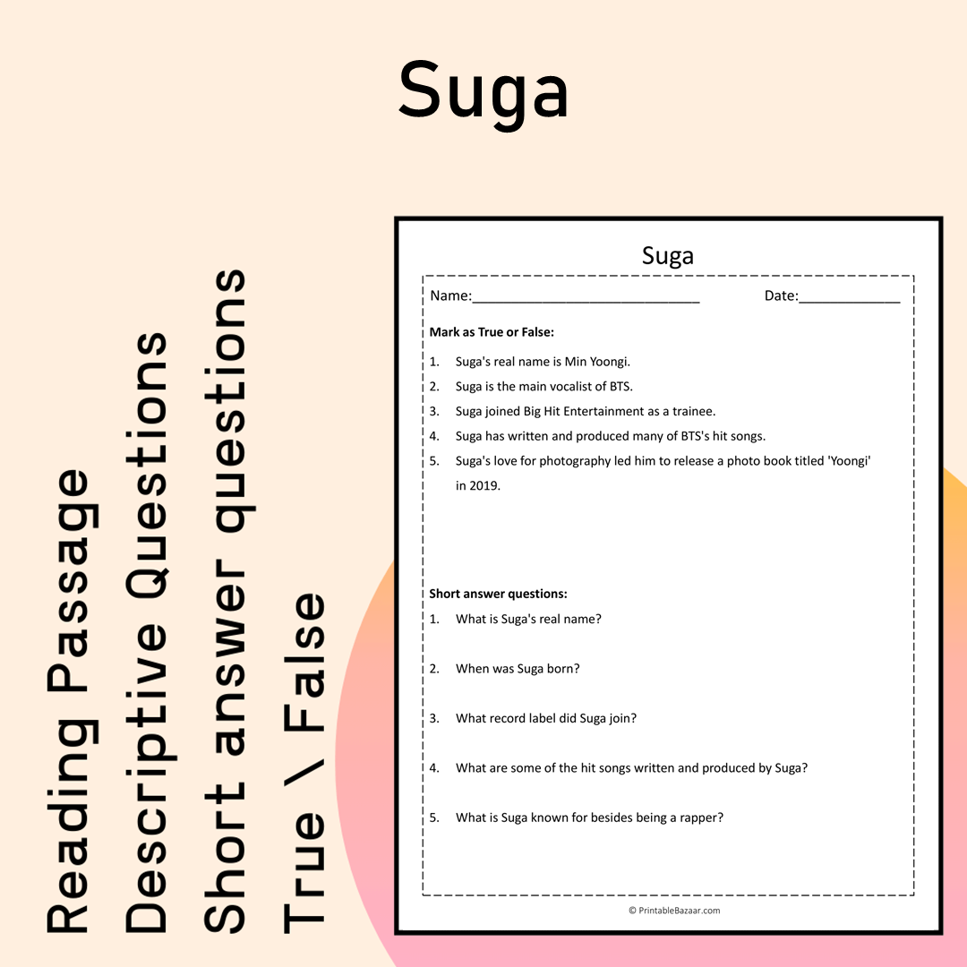 Suga | Reading Comprehension Passage Printable Activity