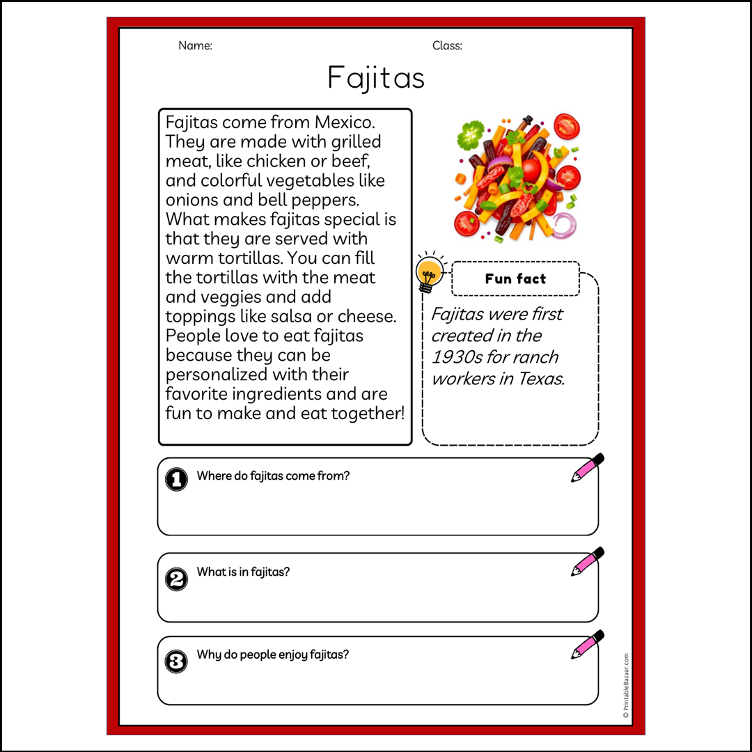 Fajitas | Reading Passage Comprehension Questions Writing Facts Worksheet