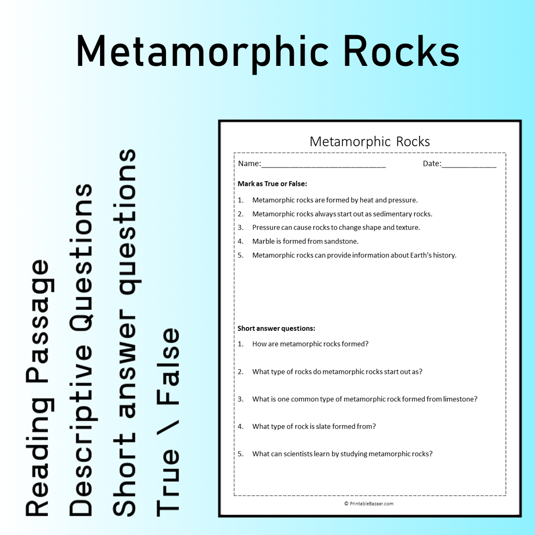 Metamorphic Rocks | Reading Comprehension Passage Printable Worksheet