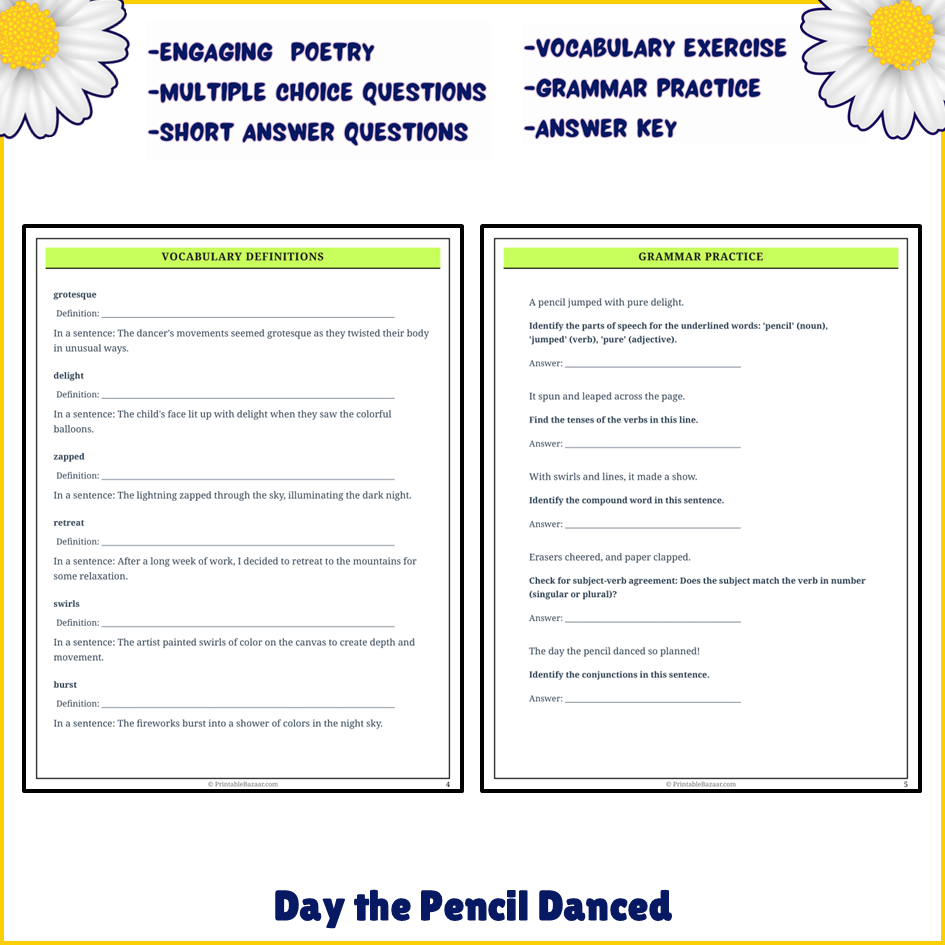 Day the Pencil Danced | Poem Grammar Worksheet Printable Activity