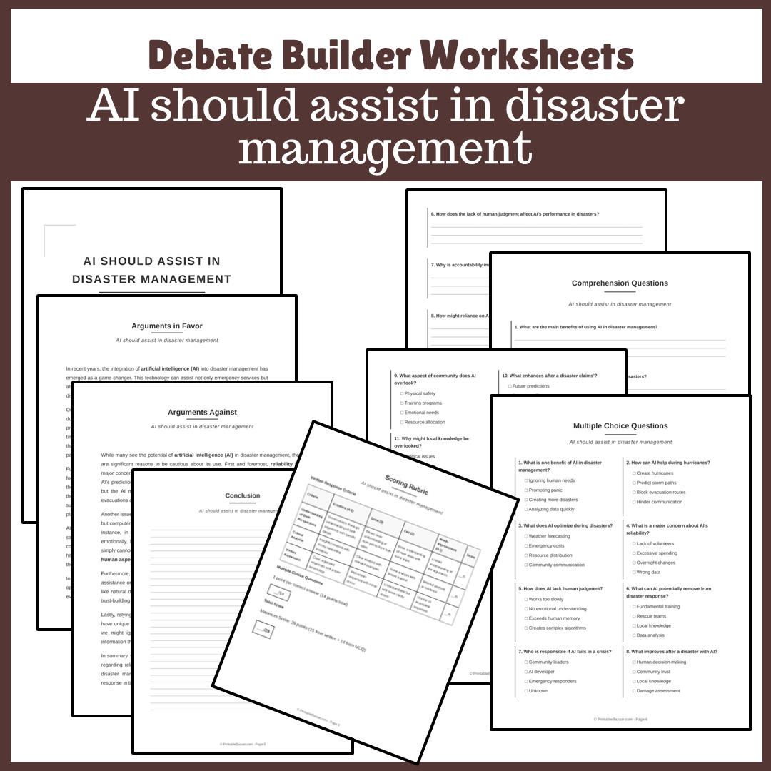 AI should assist in disaster management | Favour and Against Worksheet Printable Activity
