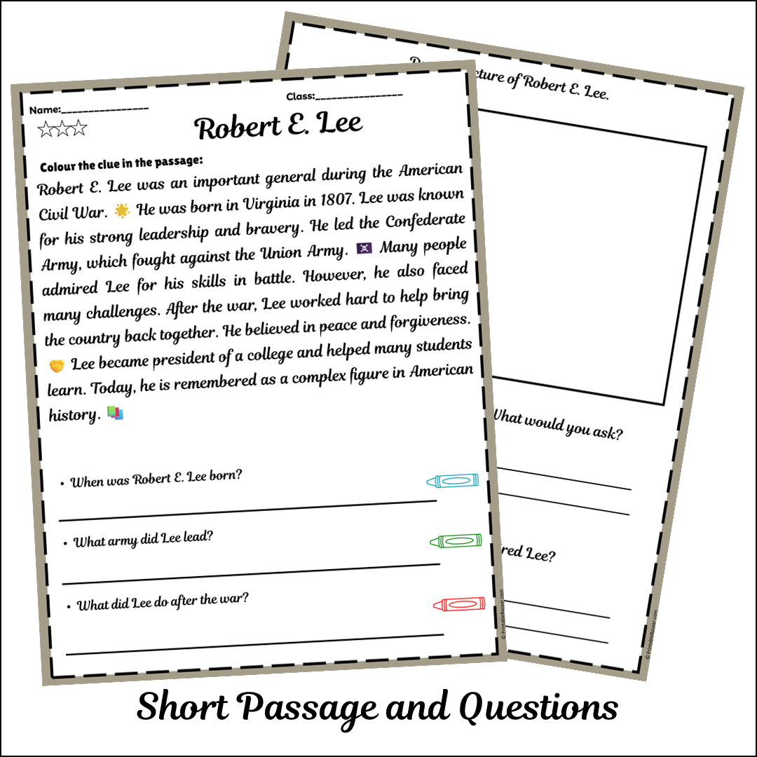 Robert E. Lee | Short Reading Comprehension Creative Worksheet