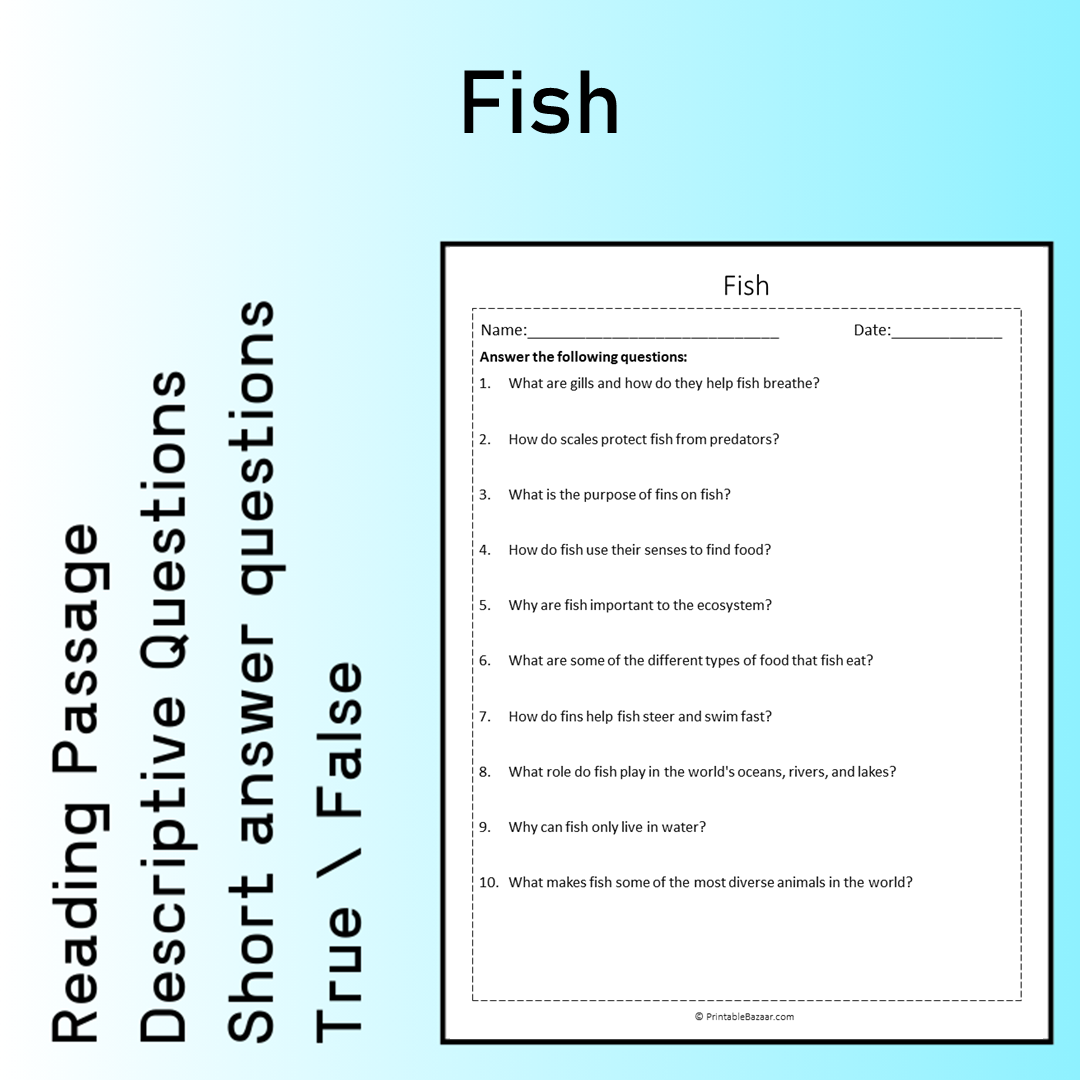 Fish | Reading Comprehension Passage Printable Worksheet