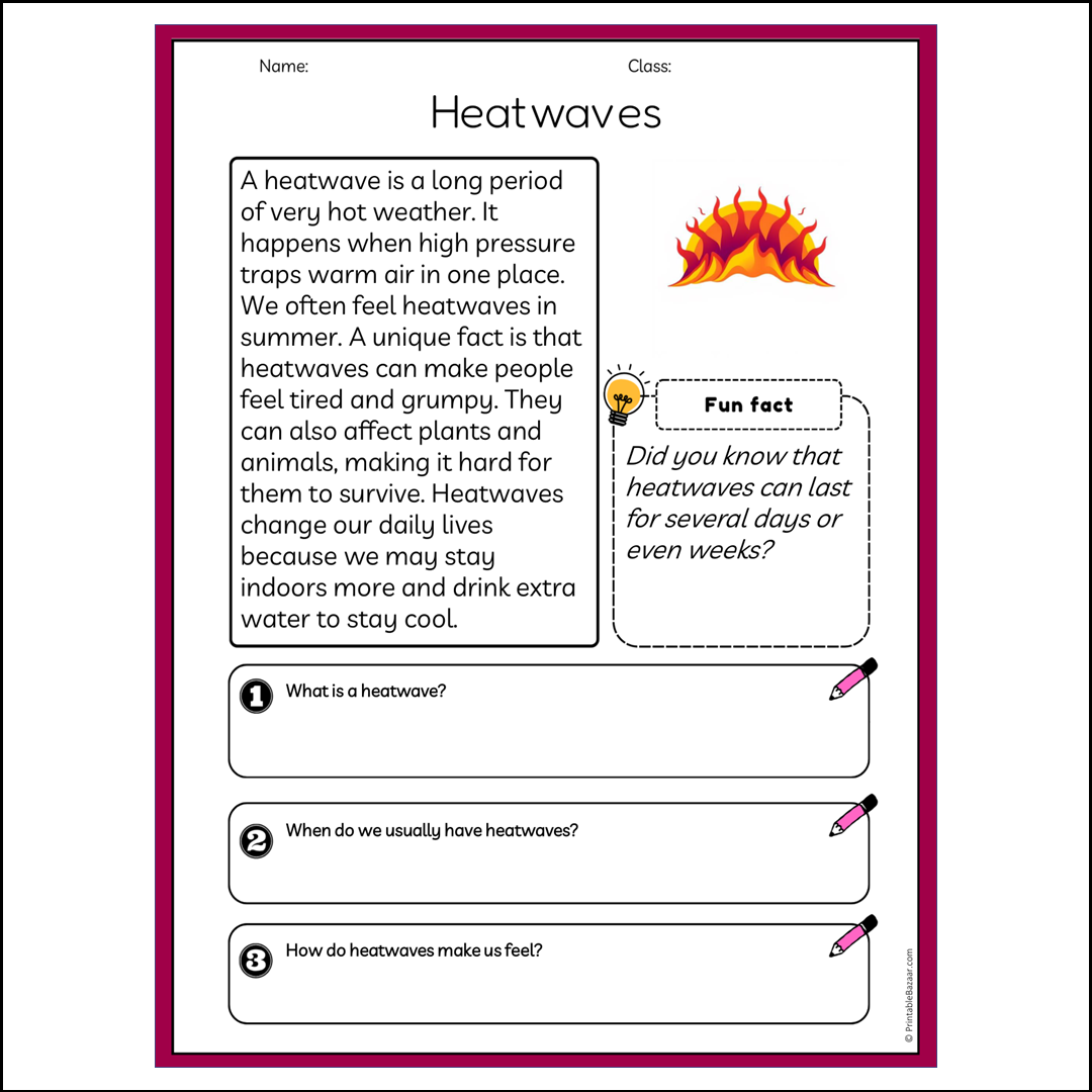 Heatwaves | Reading Passage Comprehension Questions Writing Facts Worksheet