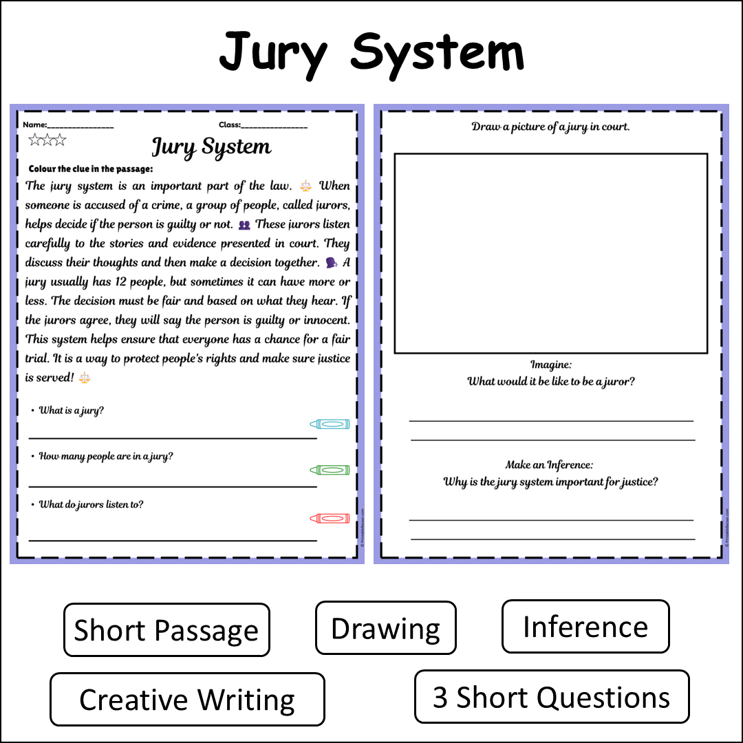 Jury System | Short Reading Comprehension Creative Worksheet