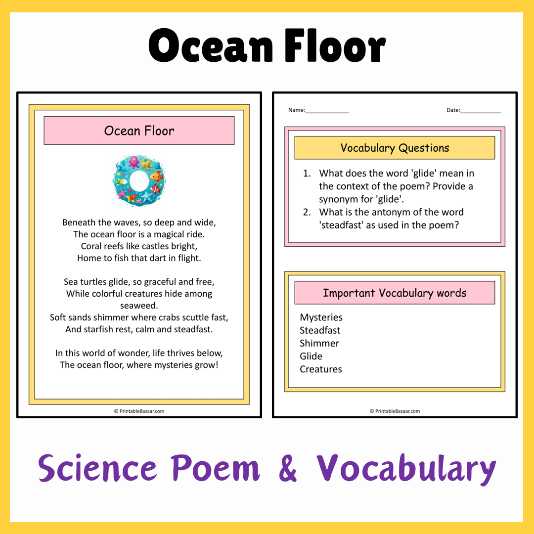 Ocean Floor | Science Poem Reading Comprehension Activity