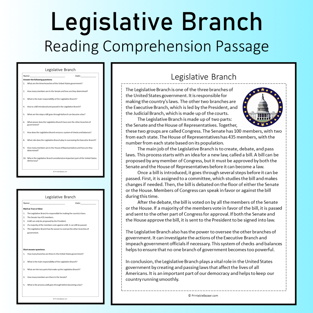 Legislative Branch | Reading Comprehension Passage Printable Worksheet
