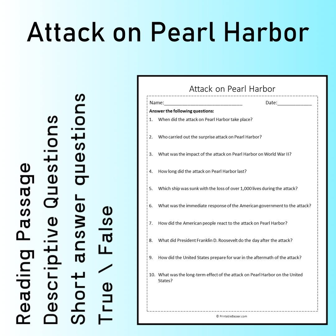 Attack on Pearl Harbor | Reading Comprehension Passage Printable Worksheet