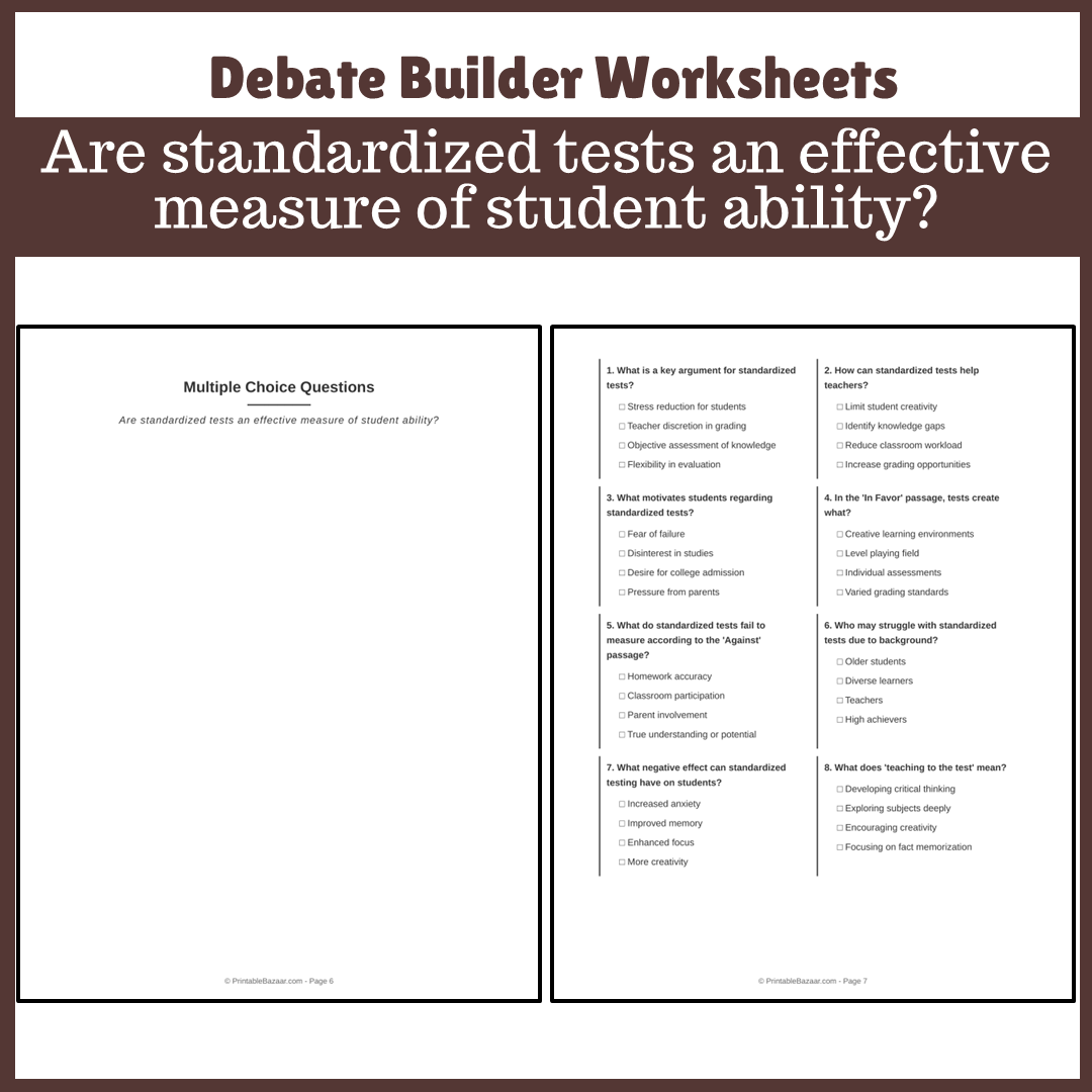 Are standardized tests an effective measure of student ability? | Favour and Against Worksheet Printable Activity