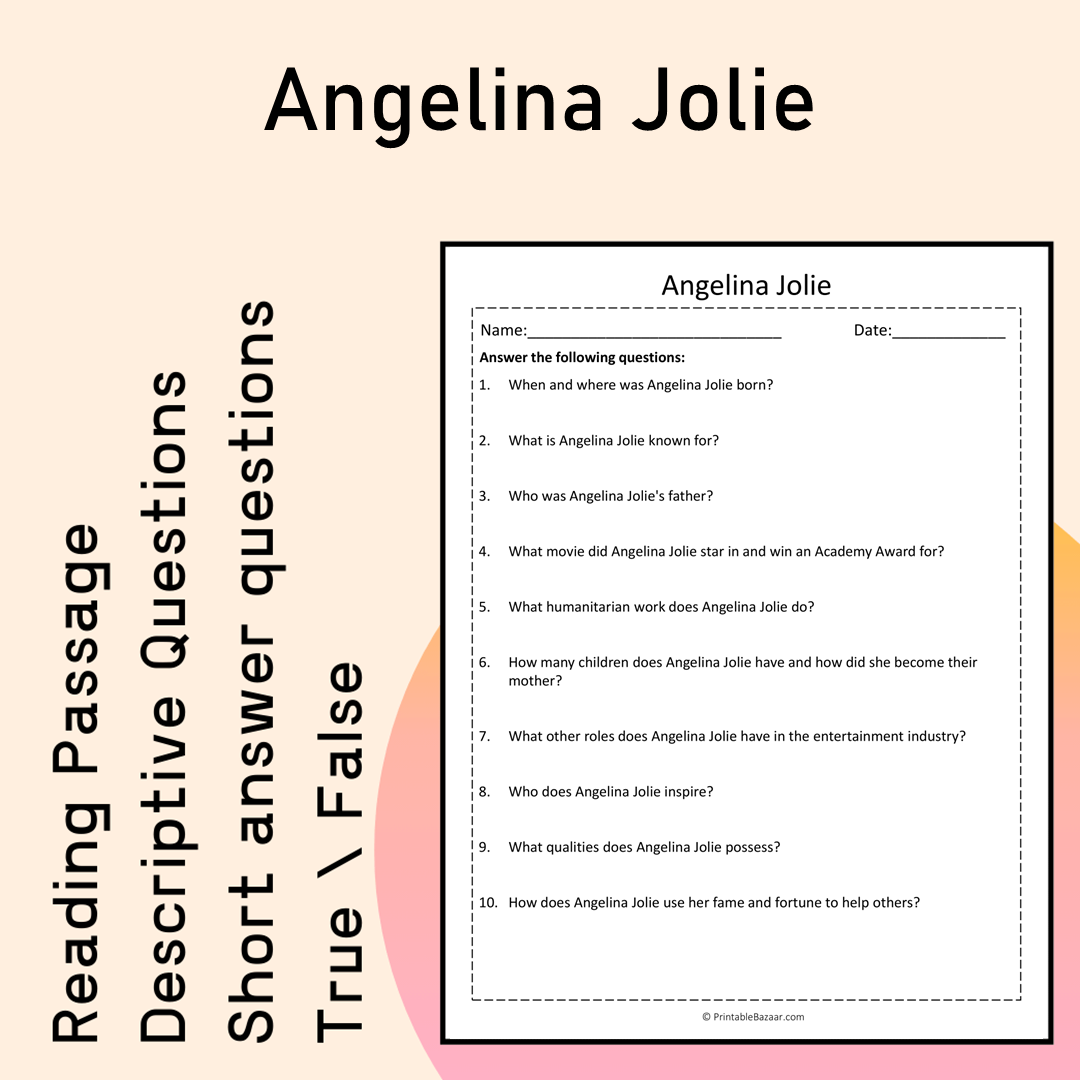 Angelina Jolie | Reading Comprehension Passage Printable Activity