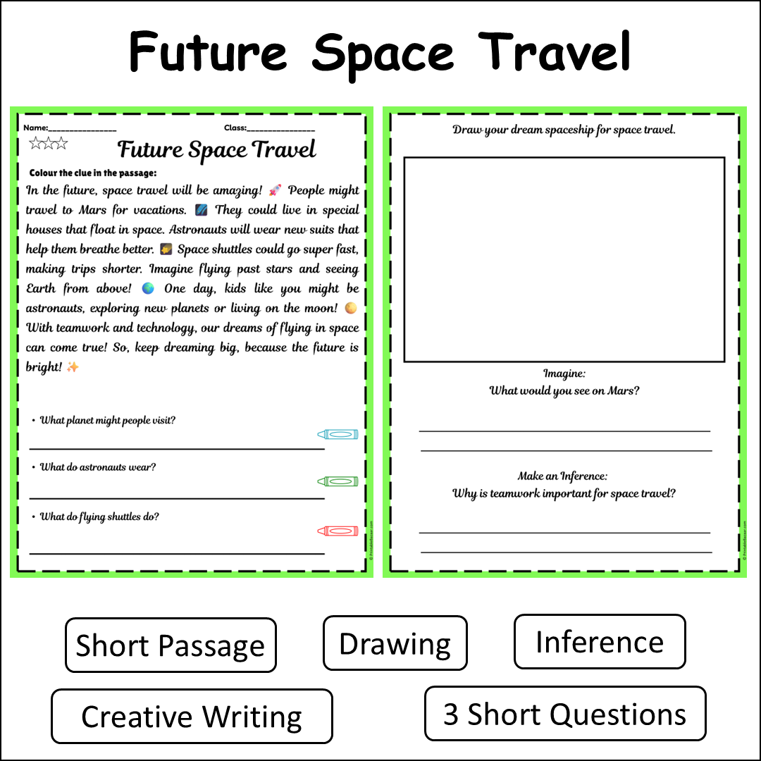 Future Space Travel | Short Reading Comprehension Creative Worksheet