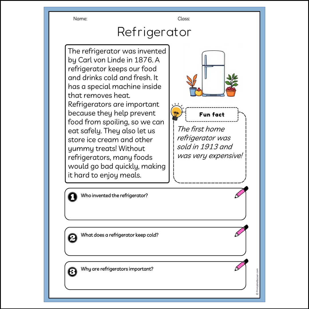 Refrigerator | Reading Passage Comprehension Questions Writing Facts Worksheet
