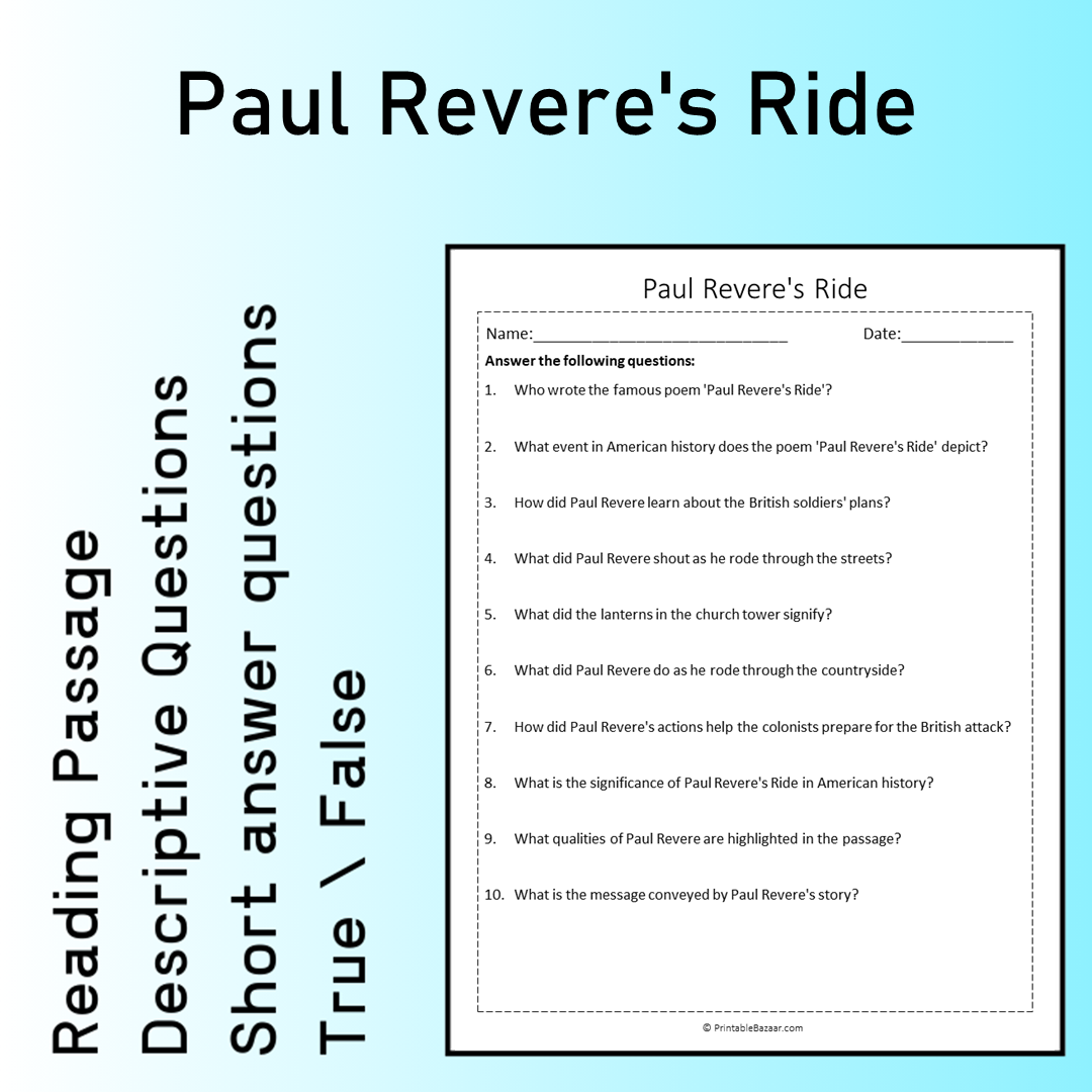 Paul Revere's Ride | Reading Comprehension Passage Printable Worksheet