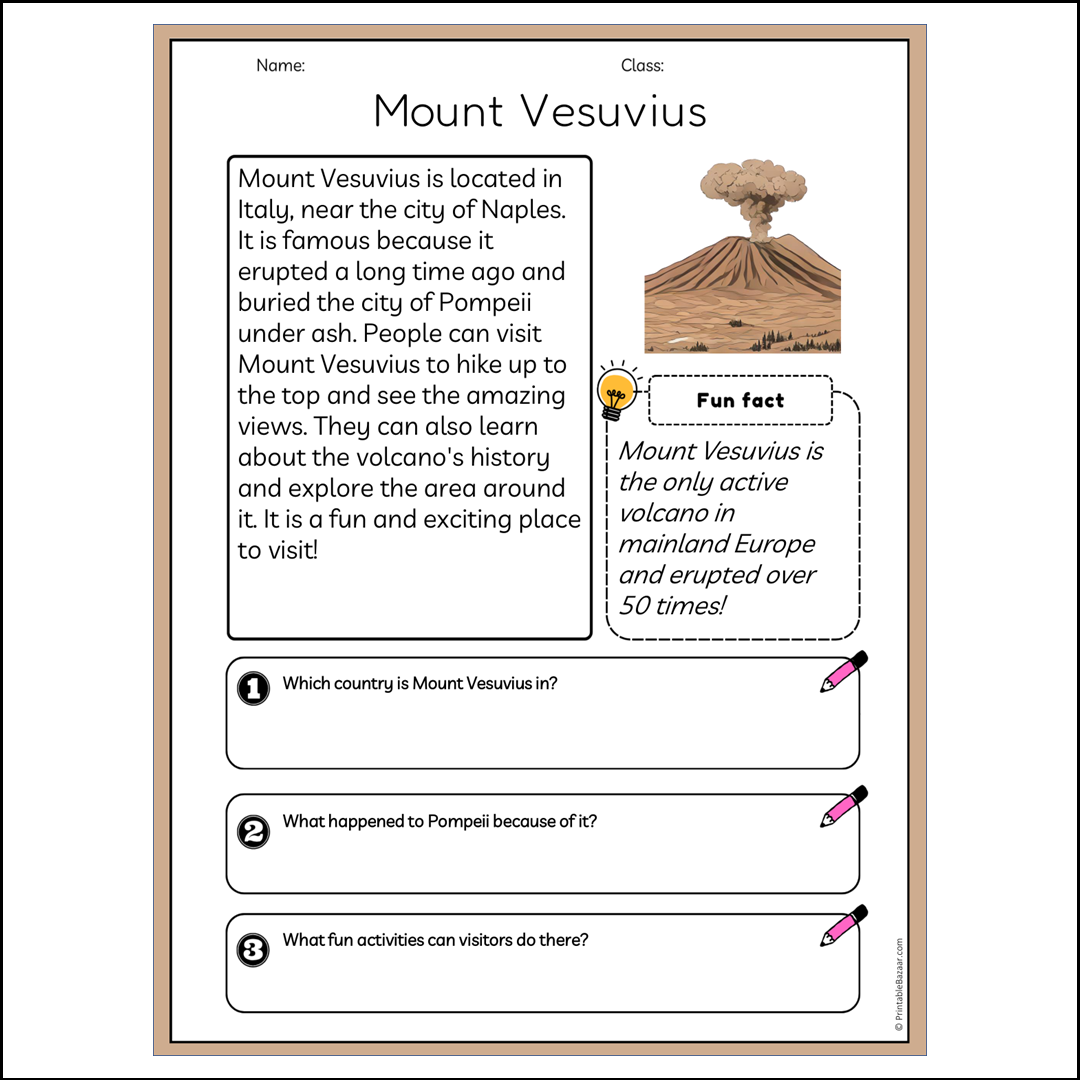 Mount Vesuvius | Reading Passage Comprehension Questions Writing Facts Worksheet