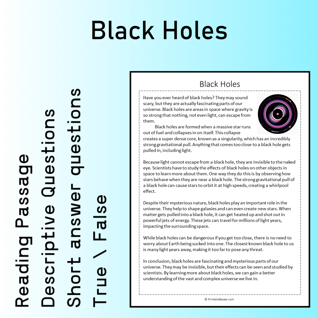 Black Holes | Reading Comprehension Passage Printable Worksheet