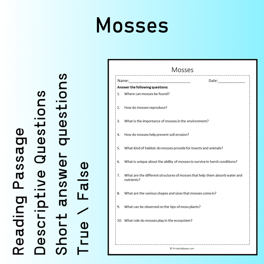 Mosses | Reading Comprehension Passage Printable Worksheet