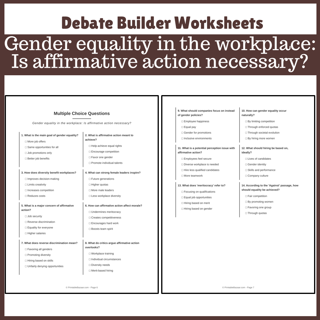 Gender equality in the workplace: Is affirmative action necessary? | Favour and Against Worksheet Printable Activity