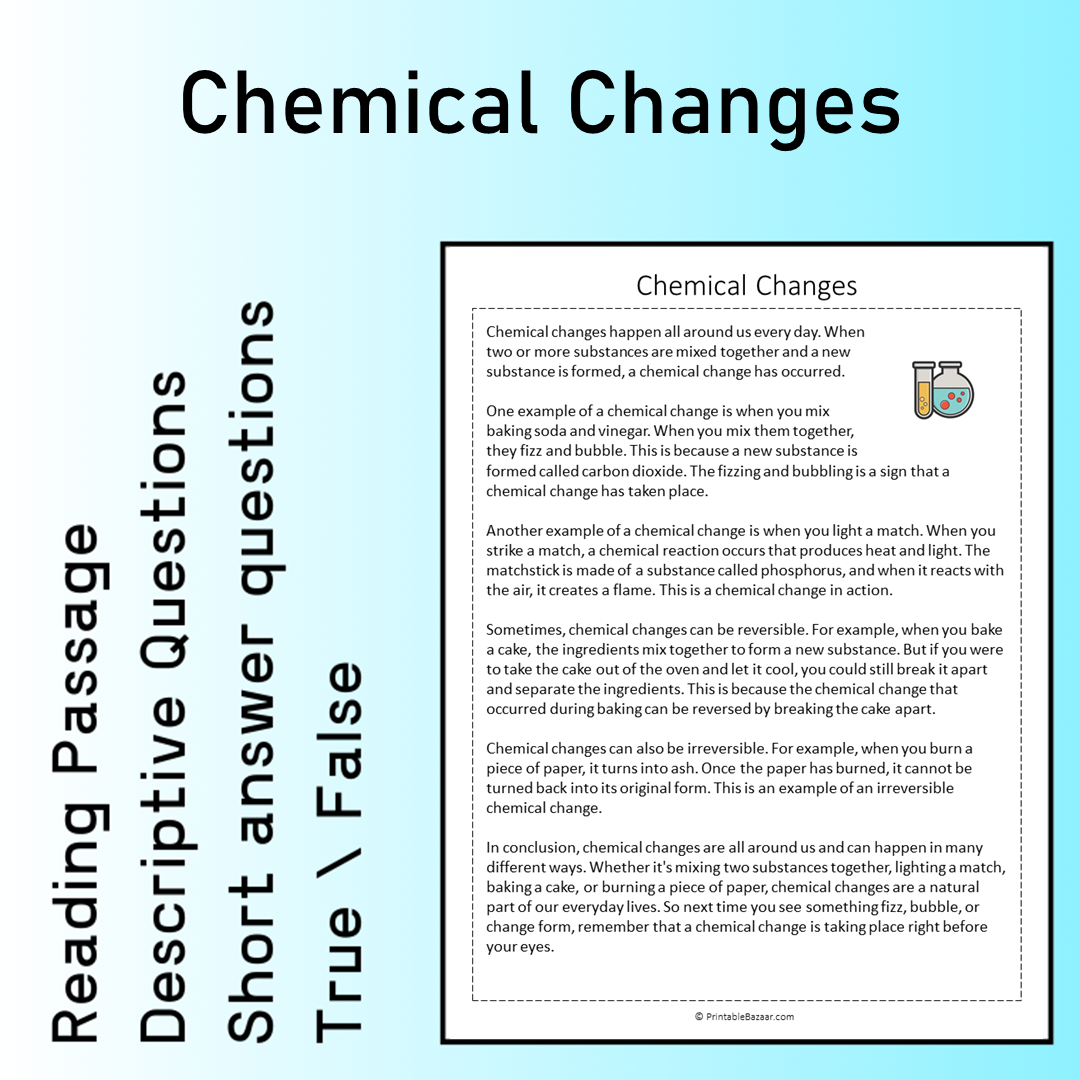 Chemical Changes | Reading Comprehension Passage Printable Worksheet