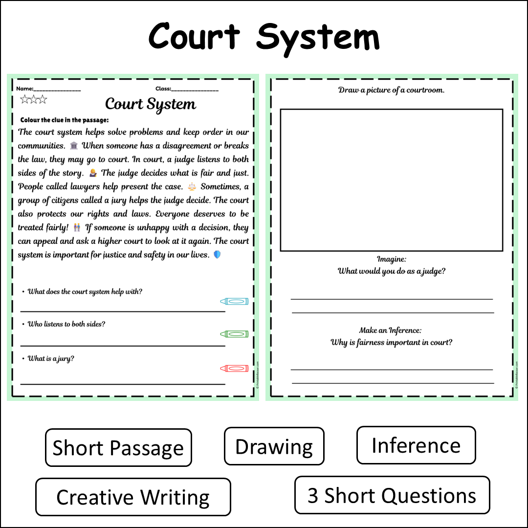 Court System | Short Reading Comprehension Creative Worksheet