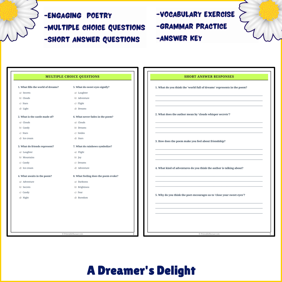 A Dreamer's Delight | Poem Grammar Worksheet Printable Activity