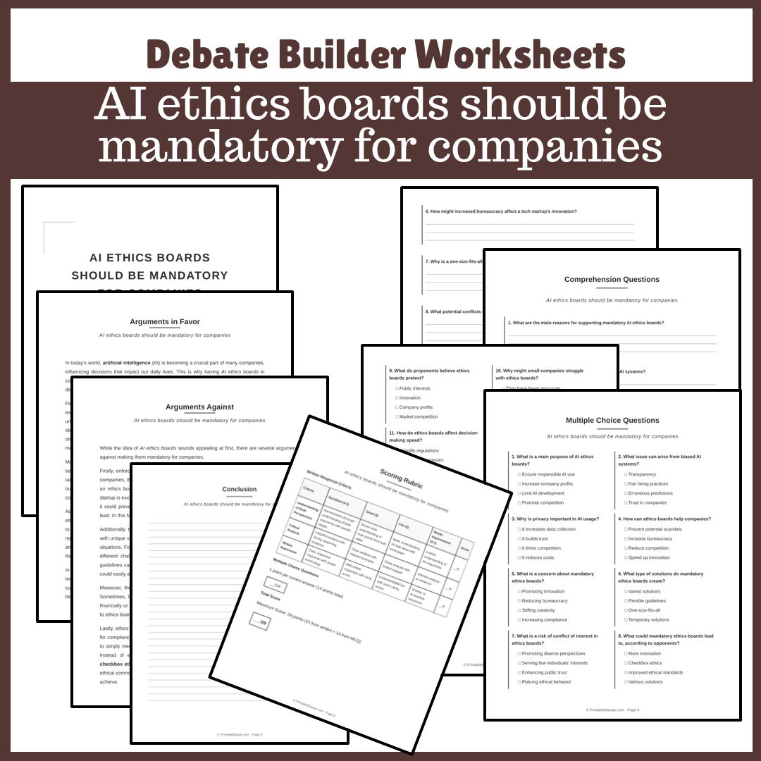 AI ethics boards should be mandatory for companies | Favour and Against Worksheet Printable Activity