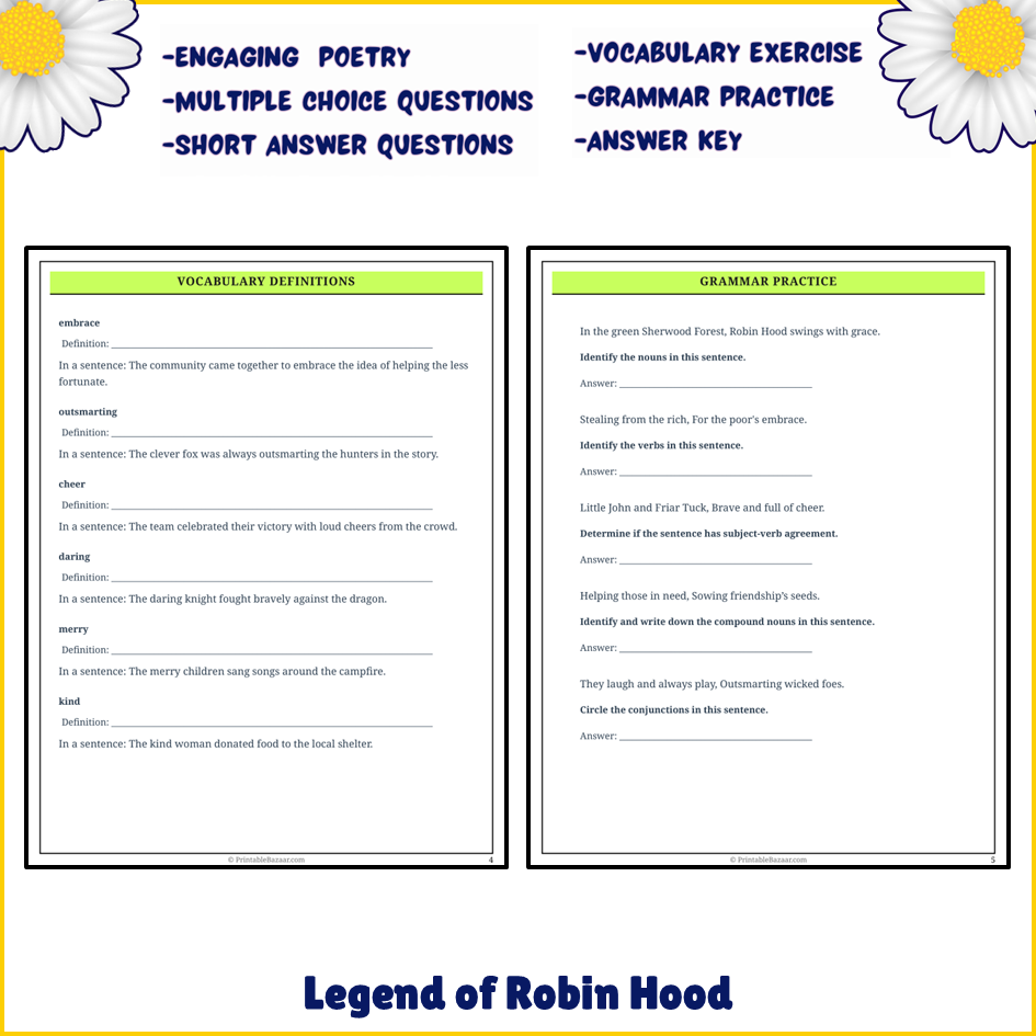 Legend of Robin Hood | Poem Grammar Worksheet Printable Activity