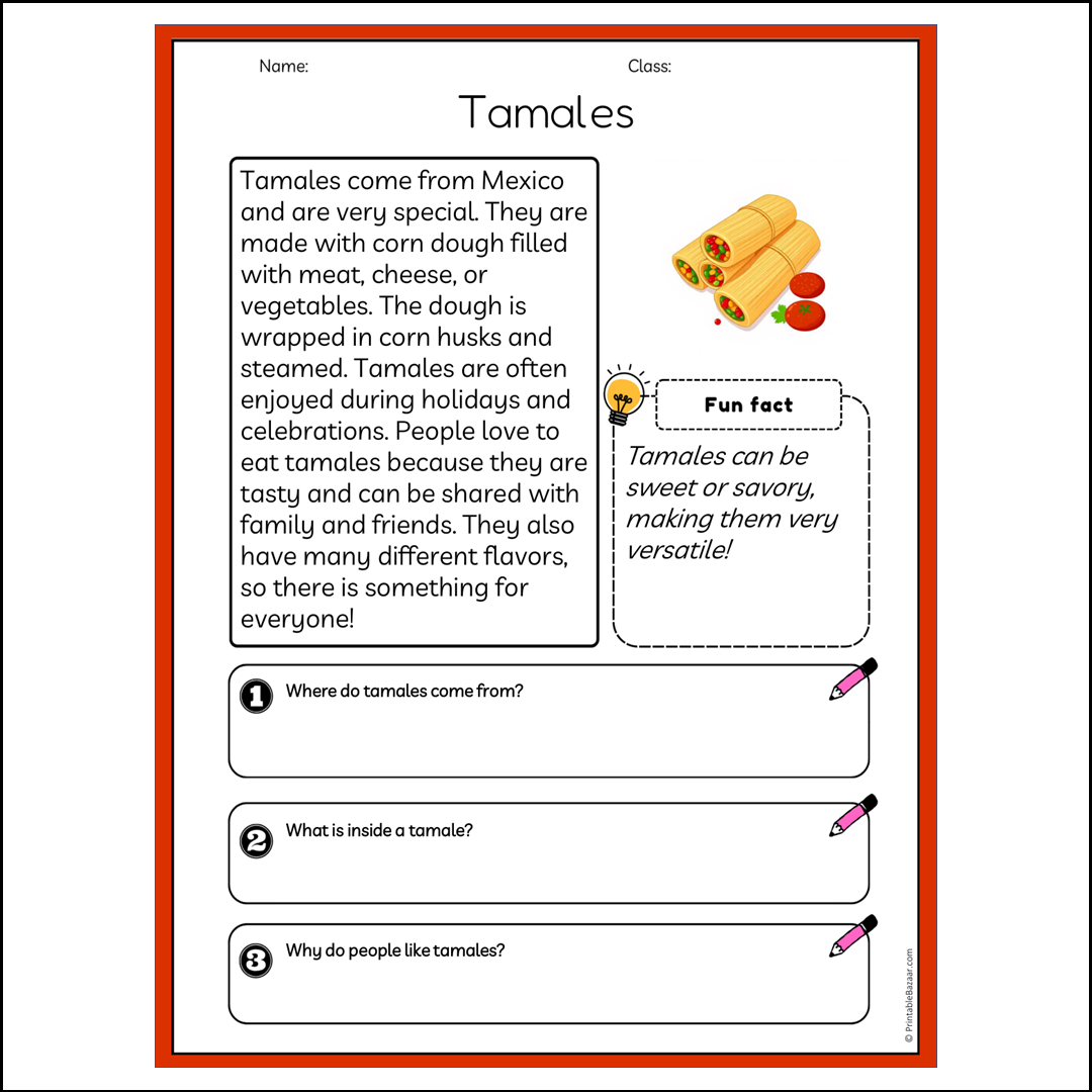 Tamales | Reading Passage Comprehension Questions Writing Facts Worksheet