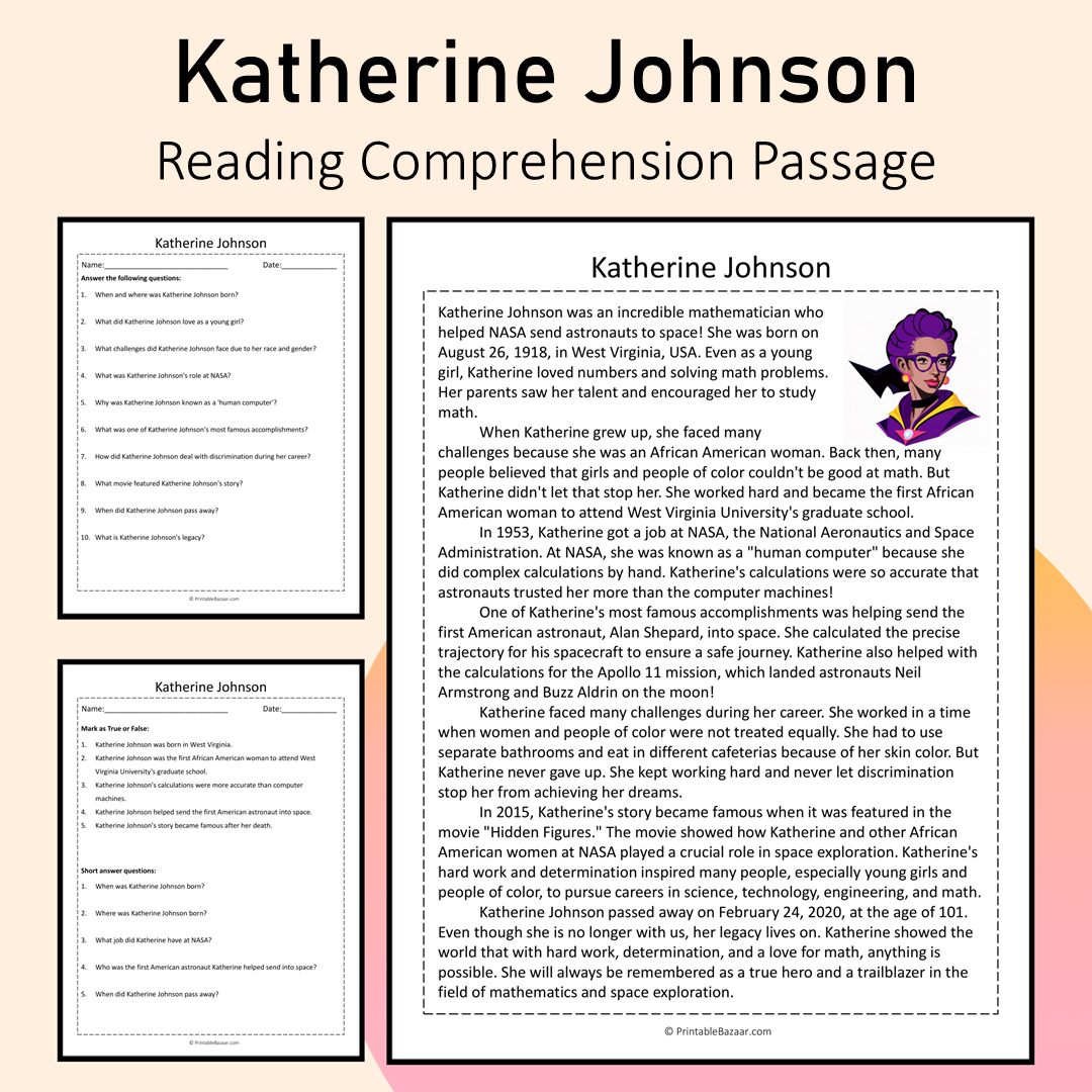 Katherine Johnson | Reading Comprehension Passage Printable Activity
