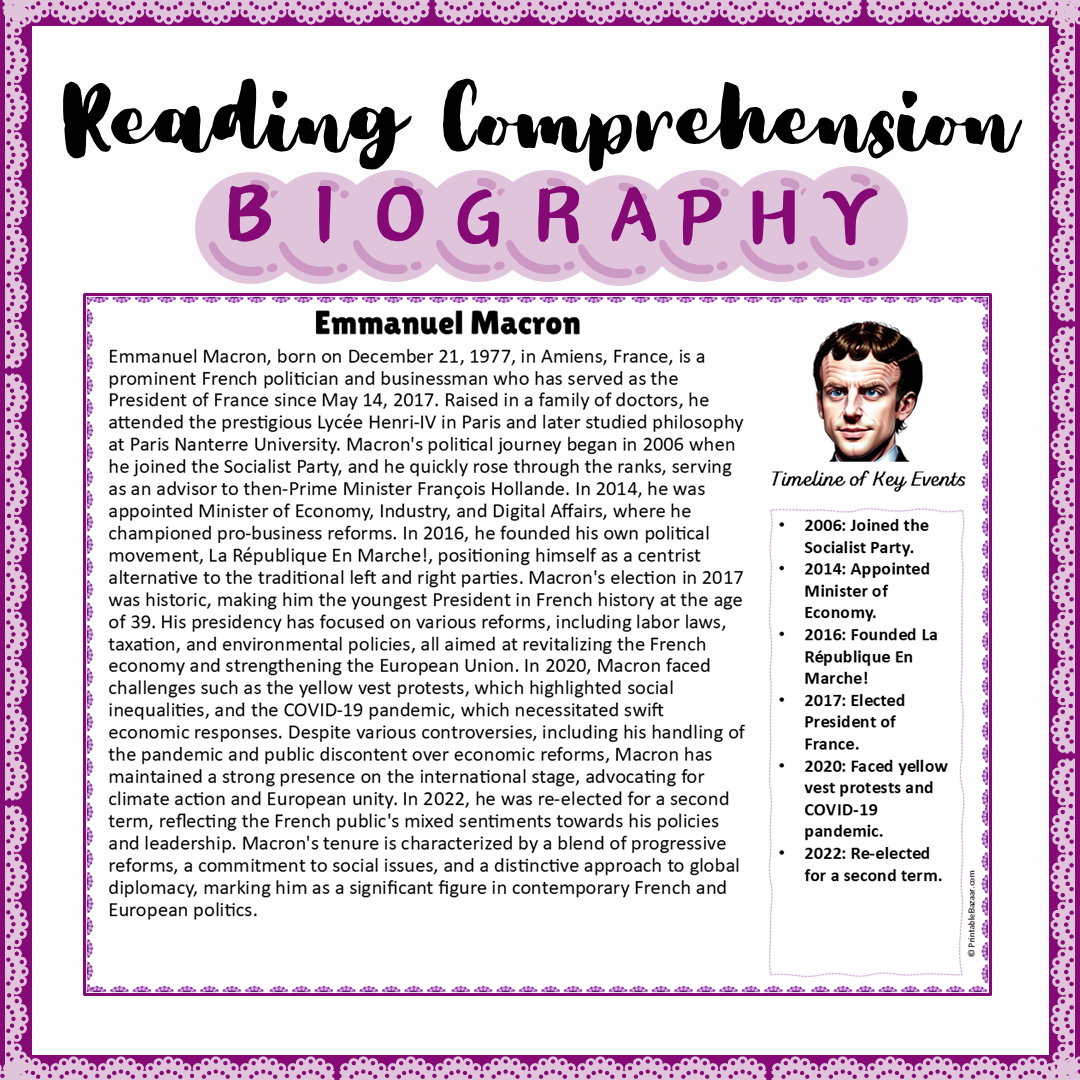 Emmanuel Macron | Biography Reading Comprehension and Questions Worksheet