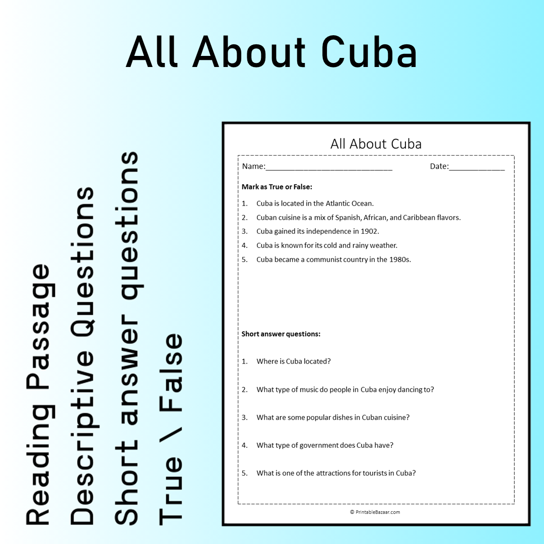 All About Cuba | Reading Comprehension Passage Printable Worksheet