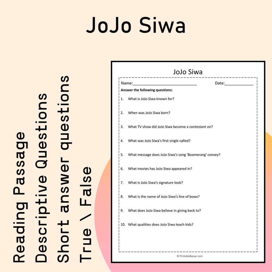 JoJo Siwa | Reading Comprehension Passage Printable Activity