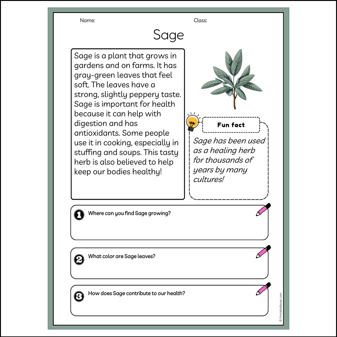 Sage | Reading Passage Comprehension Questions Writing Facts Worksheet