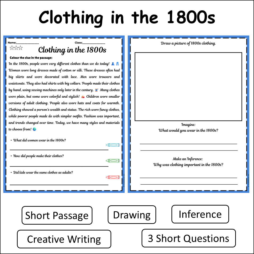 Clothing in the 1800s | Short Reading Comprehension Creative Worksheet