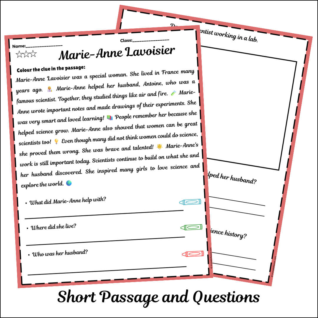 Marie-Anne Lavoisier | Short Reading Comprehension Creative Worksheet