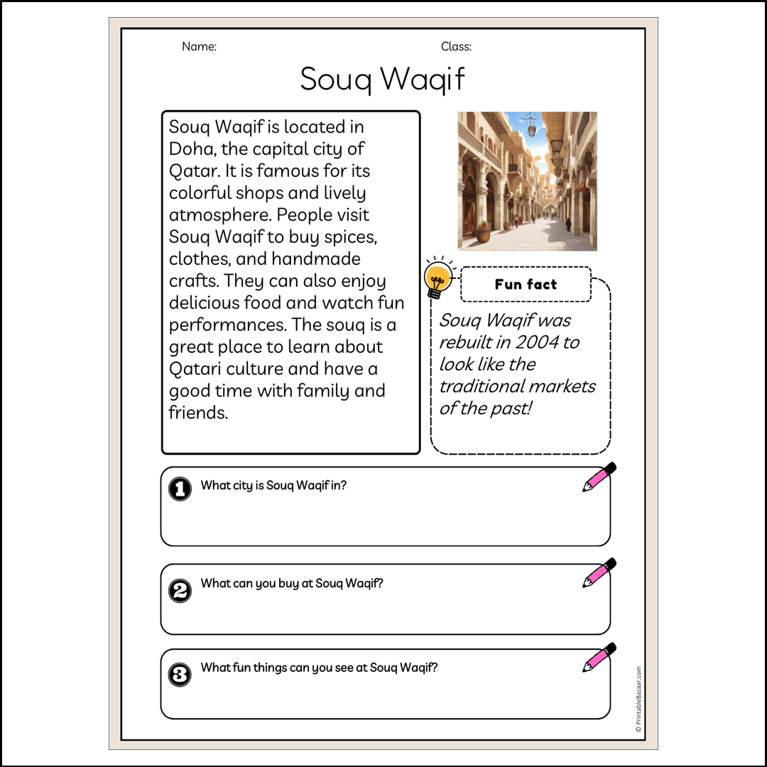 Souq Waqif | Reading Passage Comprehension Questions Writing Facts Worksheet